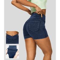 Halara Flex High Waisted Crossover Back Side Pocket Stretchy Knit Denim Casual Shorts 3\