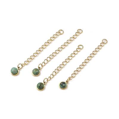 Ion Plating(IP) 316 Surgical Stainless Steel Curb Chain Extender with Natural African Turquoise(Jasper) Round Charm