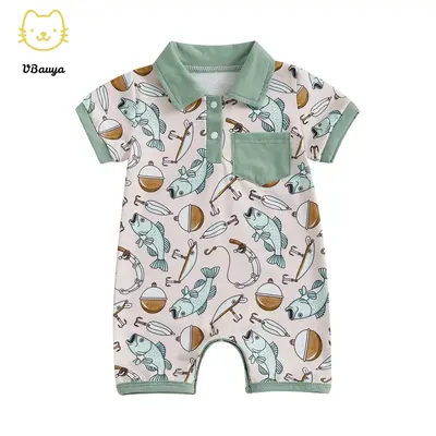 Baby Boy Fish Print Romper Half Button-up Lapel Neck Short Sleeve Bodysuit Cute Summer Clothes