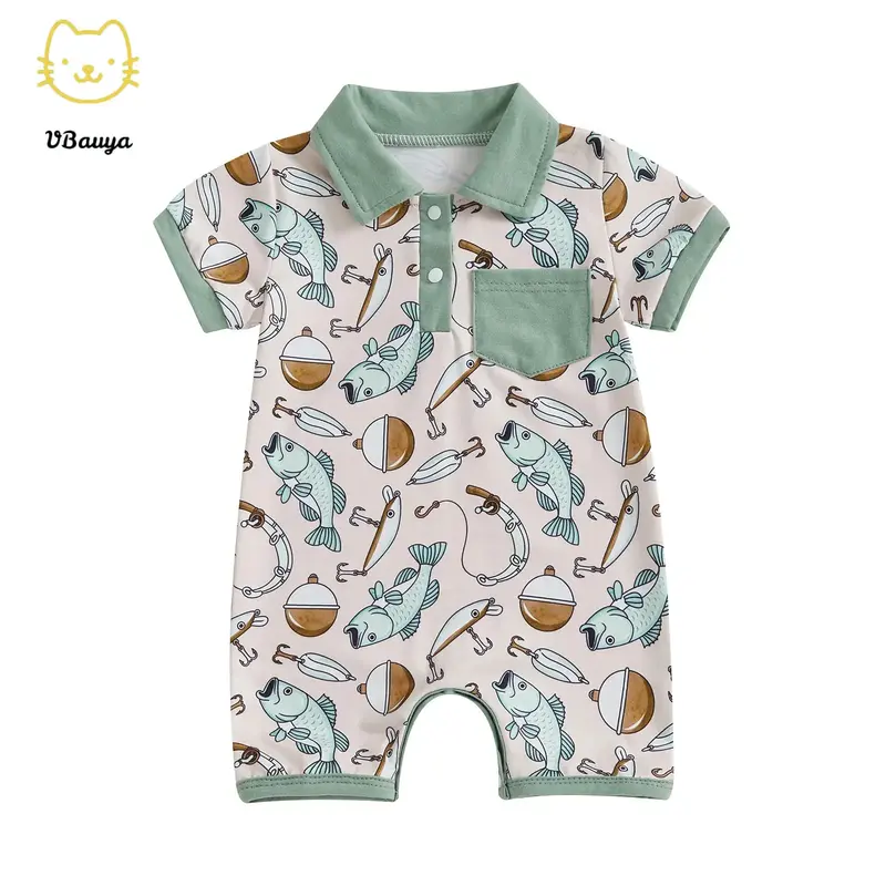 Baby Boy Fish Print Romper Half Button-up Lapel Neck Short Sleeve Bodysuit Cute Summer Clothes
