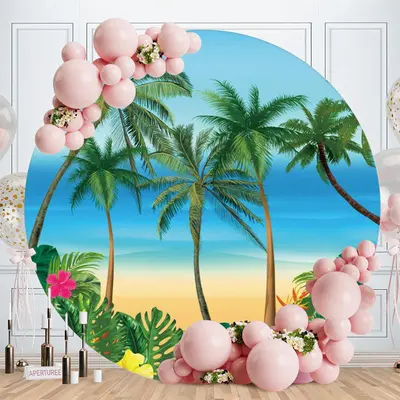 Cartoon Summer Coconut Tree Beach Circle Backdrop - Aperturee