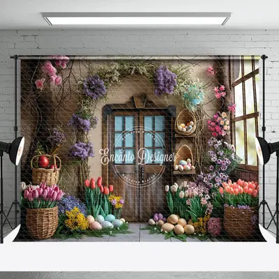 Colorful Floral Egg Brown Door Easter Photo Backdrop - Aperturee
