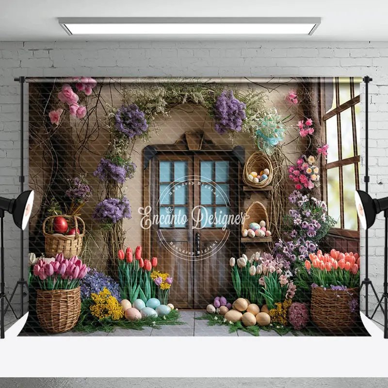 Colorful Floral Egg Brown Door Easter Photo Backdrop - Aperturee