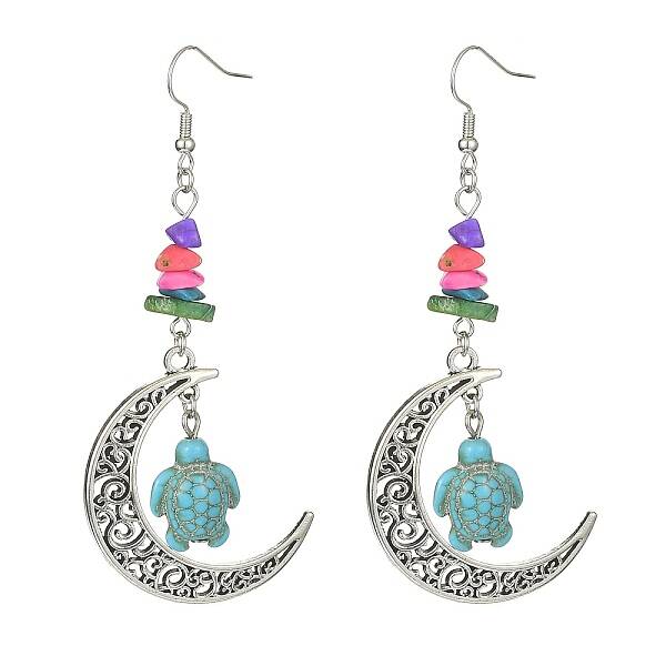 Dyed Synthetic Turquoise Crescent Moon with Tortoise Dangle Earring