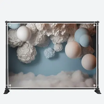 Blue White Balloons Velvet Flower Birthday Backdrop - Aperturee