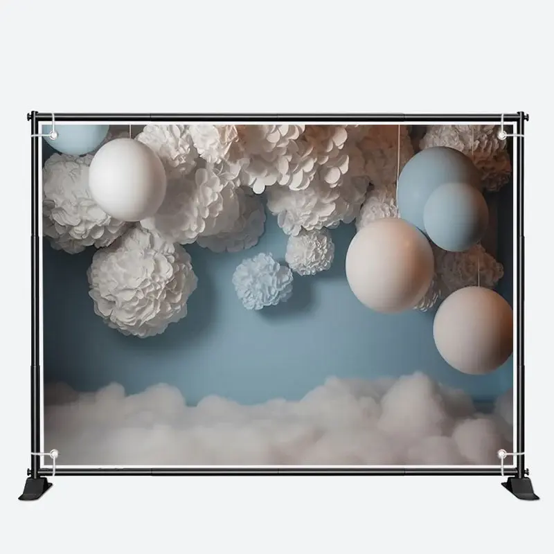 Blue White Balloons Velvet Flower Birthday Backdrop - Aperturee