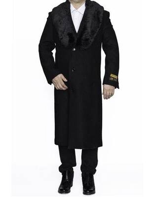 Moscow: BLACK FULL LENGTH REMOVABLE FUR COLLAR - MENS TOPCOAT / OVERCOAT