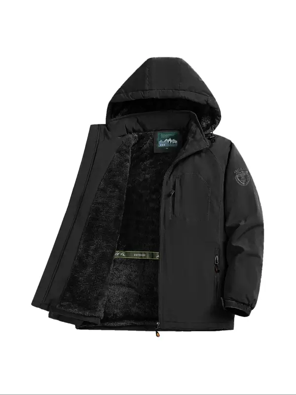 Men's Letter Embroidery Zip Pocket Thermal Lined Removable Hooded Jacket, Casual Long Sleeve Windproof Waterproof Outerwear f...