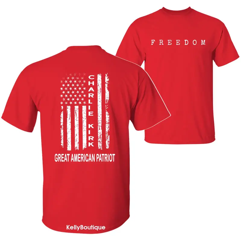Charlie Kirk Freedom A True American Patriot with US Flag Graphic T-Shirt, Wear Red on October 14th as Charles James Kirk Day...