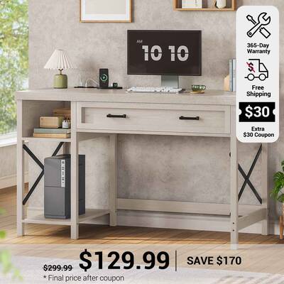 SEDETA | 40 Inch Small Computer Desk Farmhouse Study Table with Drawer Storage Shelves and Power Outlet for Home Office White...