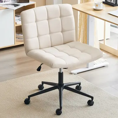 Furnimart Wide Armless Desk Chair with Wheels, Mid Back Swivel Faux Linen Criss Cross Chair for Home Office, Height Adjustabl...