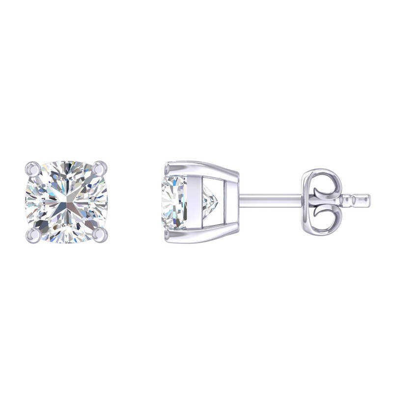 Certified Lab Grown Four Prong Cushion Cut Diamond Stud Earring | 14K White Gold 1 ct. tw.