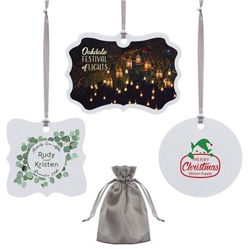 100 Custom Metal Ornament - Aluminum & Satin Pouch