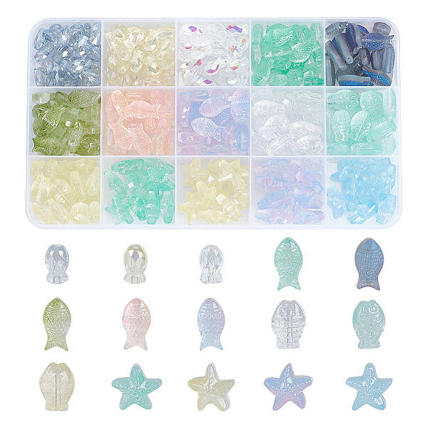275Pcs 15 Styles Transparent & Frosted Glass Beads