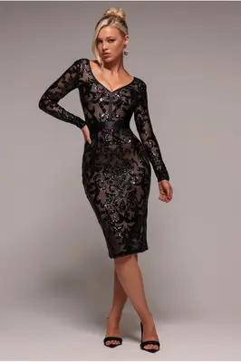 Goddiva Sequin & Mesh Midi Dress - Black