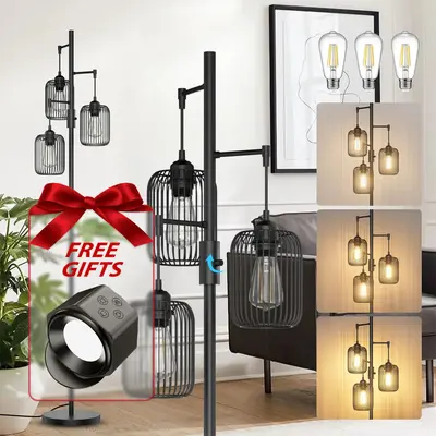 Glitgate Black Floor Lamp, Dimmable Industrial Gold Floor Lamp Farmhouse Floor Lamps for Living Room with Cages 70'' Tall Lam...