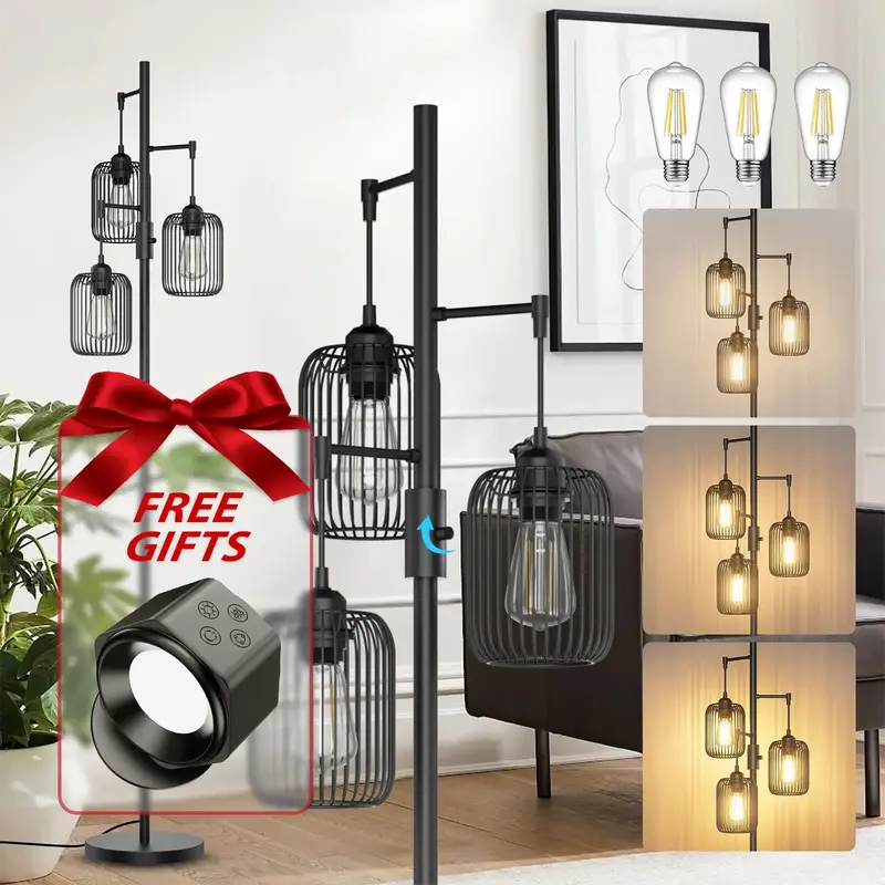 Glitgate Black Floor Lamp, Dimmable Industrial Gold Floor Lamp Farmhouse Floor Lamps for Living Room with Cages 70'' Tall Lam...