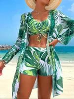 Three-piece Set Women's Leaf Print Bikini Set, Ruched U Neck Swim Bra & Swim Shorts & Long Sleeve Open Front Cover Up Top Set...