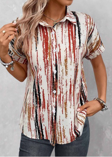 Modlily Multi Color Button Striped Short Sleeve Blouse - M