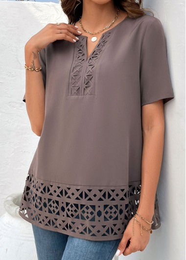 Modlily Light Coffee Patchwork Short Sleeve Split Neck Blouse - M