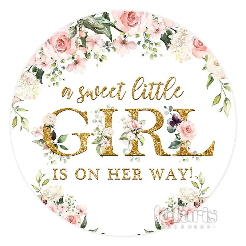 Aperturee Pink Flower Gold Girl Theme Circle Baby Shower Backdrop | Baby Shower Round Backdrop | Custom Round Backdrop Cover ...