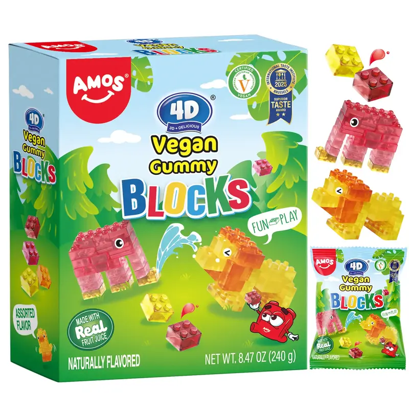 Amos Vegan Gummy Blocks - Watermelon, mango, pineapple and strawberry Flavors - 4D  Gummy Building Kit - 6 Resealable Packs -...