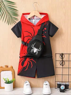 Three-Piece Set Toddler Boy's Spider Print Hoodie & Sweatpants & Fanny Pack Set, Casual Hooded Sweatshirt & Elastic Waist Pan...
