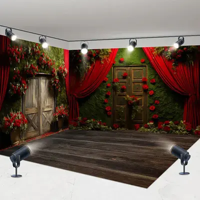 Aperturee Greenery Wall Red Curtain Red Rose Room Set Backdrop, 7X7FT(Left Wall)+10X7FT(Right Wall)+10X7FT(Floor), 247.5 USD,...