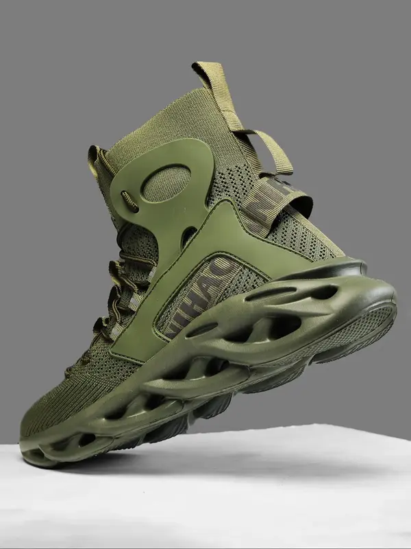 Men's Fashion Knit Lace Up Front Mesh Breathable Lightweight High Top Sneakers, Trendy Athletic Shoes, Comfortable Sports Run...