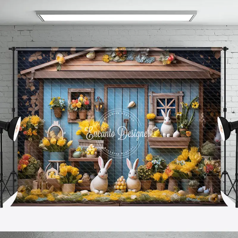 Floral Blue Retro Wood House Bunny Photo Backdrop - Aperturee