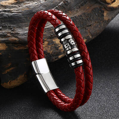 Stainless Steel Skull Beaded Leather Double Layer Multi-strand Bracelet