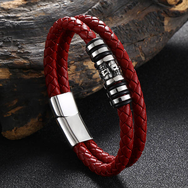 Stainless Steel Skull Beaded Leather Double Layer Multi-strand Bracelet