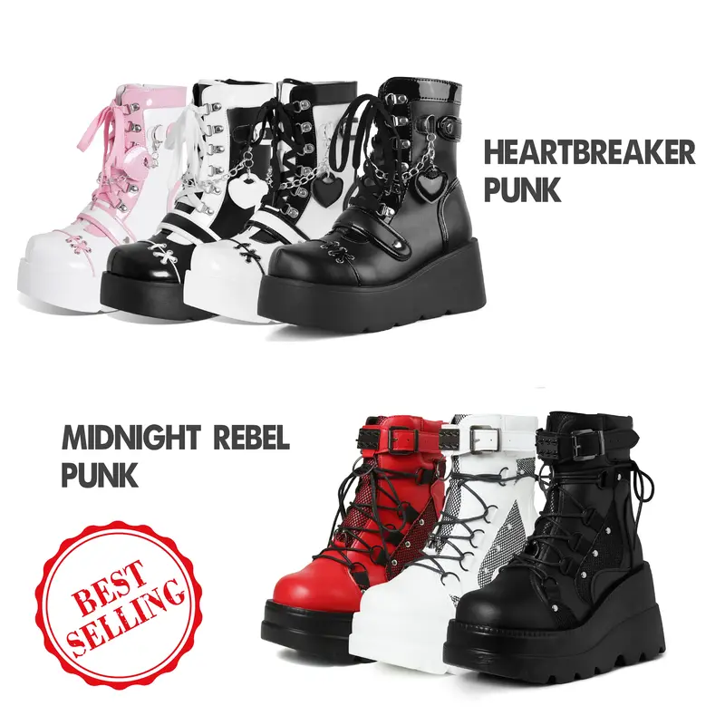 CYNLLIO Platform Ankle boots for Women Goth Rave Boots Kawaii Shoes High Heel Round Toe Zipper Wedges Mid Calf Booties Rivora...