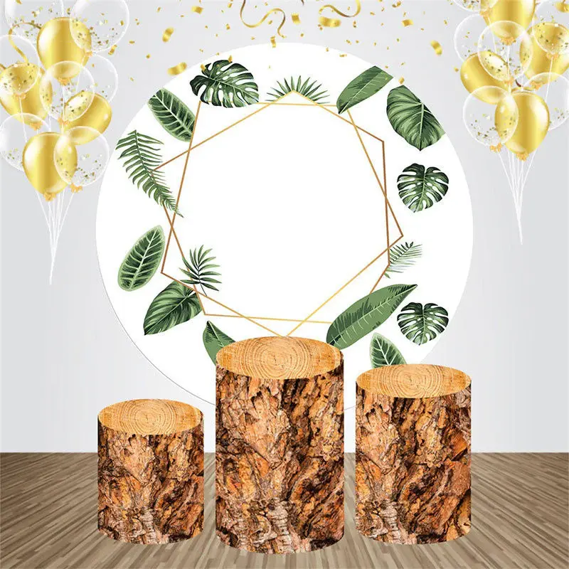 Golden Lines Leaves Wood Round Birthday Backdrop Kit - Aperturee
