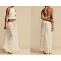 Women's Backless Halter Tank Top and Pleated Retro Chiffon Long Maxi Skirt Tulle Ruffle Skirt Sets