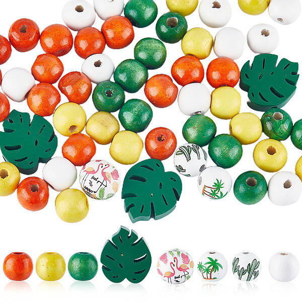 100Pcs 7 Styles Spray Painted Natural Wood Beads