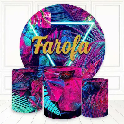Aperturee Neon Pink Blue Leaves Farola Round Birthday Backdrop Kit | Circle Party Backdrop | Birthday Round Backdrop Cover | ...