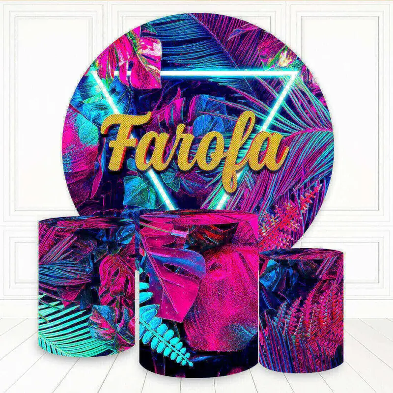Aperturee Neon Pink Blue Leaves Farola Round Birthday Backdrop Kit | Circle Party Backdrop | Birthday Round Backdrop Cover | ...