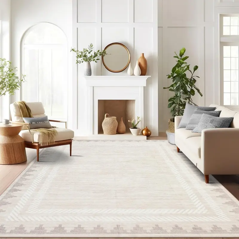 Garvee Washable Area Rug 9x12 Beige Rugs Unique Bordered Neutral Living Room Rug,Modern Geometric Rug for Farmhouse Non Slip ...