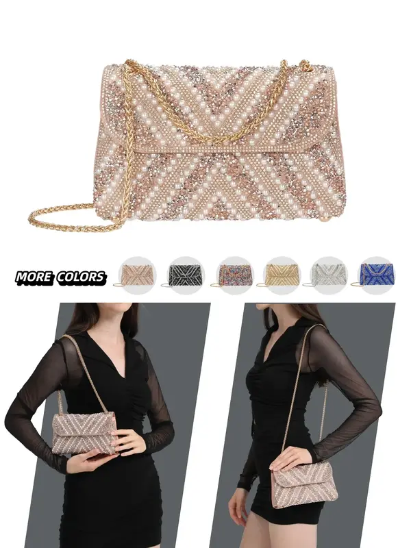Women's Elegant Evening Bag with Pearls & Rhinestones, Metal Chain Strap Crossbody Clutch for Parties, All Season Fashion Acc...