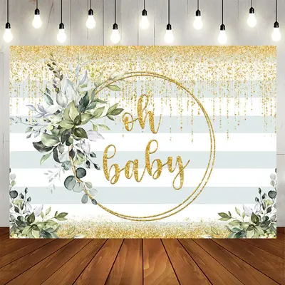 Aperturee Oh Baby Greenery Gold Glitter Backdrop for Baby Shower