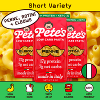 Pete’s Pasta 3-Pack Assorted Short Pasta - Penne, Elbows, Rotini - High Protein, Keto & Low Carb, Versatile for Casseroles,...