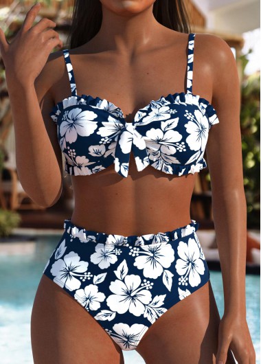 Modlily Mid Waisted Floral Print Blue Bikini Set - S