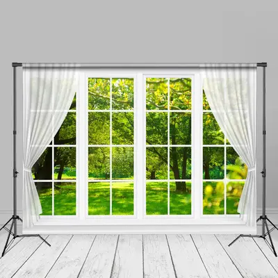 White Window Curtain Forest Spring Cloth Backdrop - Aperturee