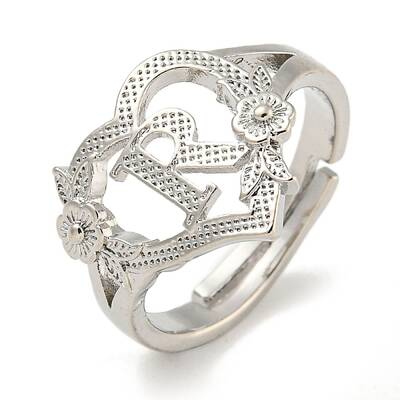 Heart with Letter & Flower Rack Plating Brass Adjustable Rings for Women