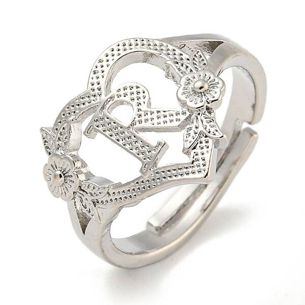 Heart with Letter & Flower Rack Plating Brass Adjustable Rings for Women