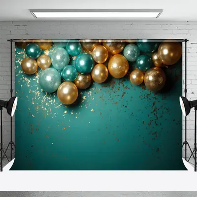 Golden Green Balloons Birthday Cake Smash Backdrop - Aperturee