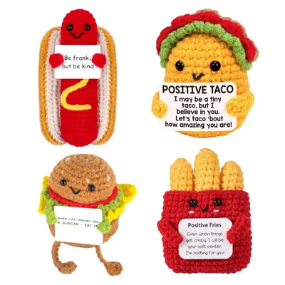 Mini Positive Crochet Taco Plush Toys, 1/4 Counts/set Cute Desk Decor, Handmade Knitted Fries Hamburger Hot Dog, Emotional Su...