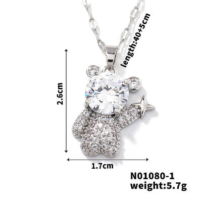 Brass Clear Cubic Zirconia Shiny 3D Bear Pendant Necklaces