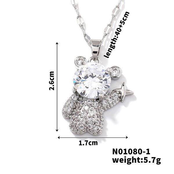 Brass Clear Cubic Zirconia Shiny 3D Bear Pendant Necklaces